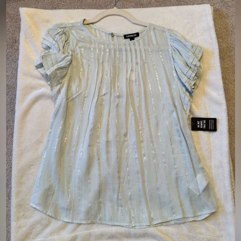 Express Light Blue Metallic Stripe Short Sleeve Blouse